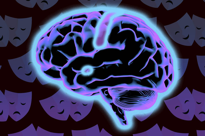 A brain with comedy/tragedy masks in background